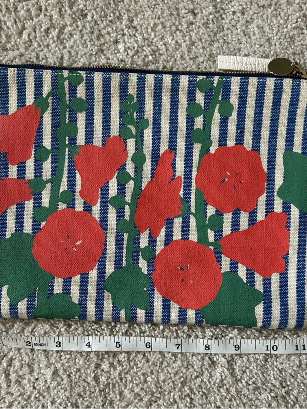 Clare V Orange Red Flower Accents Blue & White Stripe Canvas Pouch Clutch 8”X12” - Picture 5 of 6